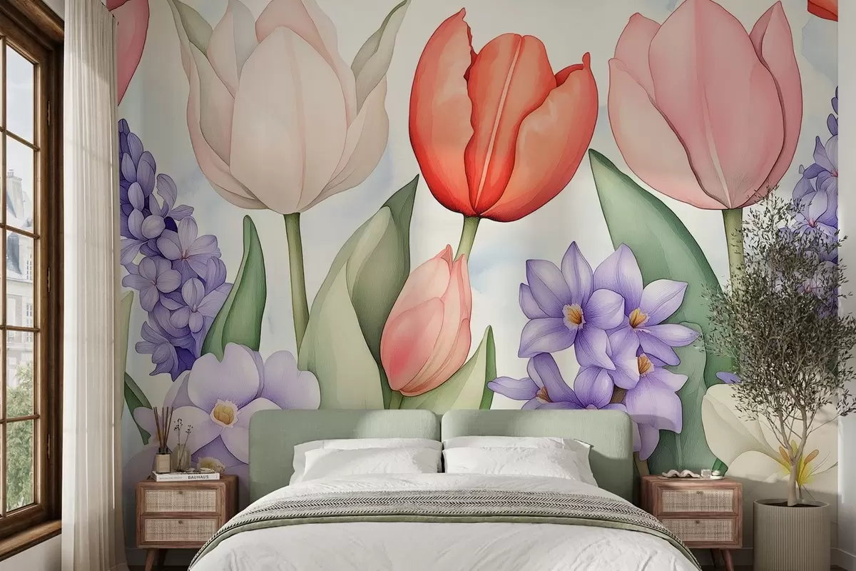 wall murals Spring flowers, tulips, hyacinth, watercolor style drawing, floral w02940