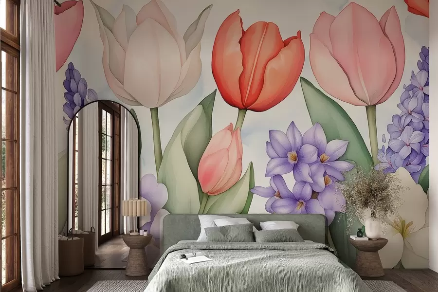 wall murals Spring flowers, tulips, hyacinth, watercolor style drawing, floral w02940
