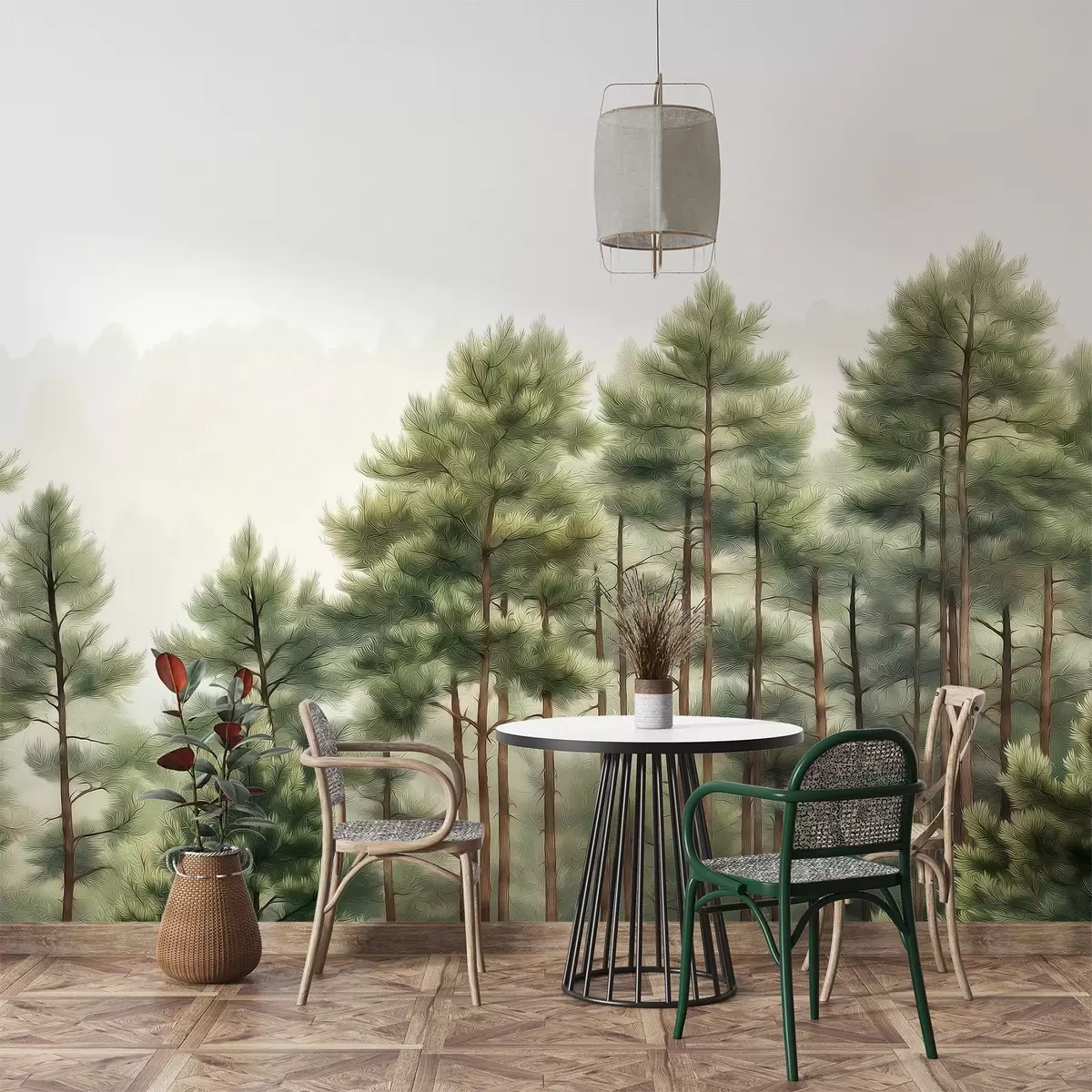 wall murals Forest with pine trees, oil style drawing, nature w02942