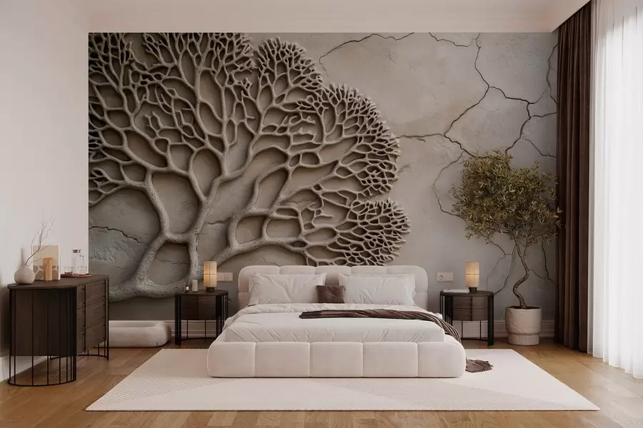 wall murals Wallpaper in relief style with wood and cracks w02908