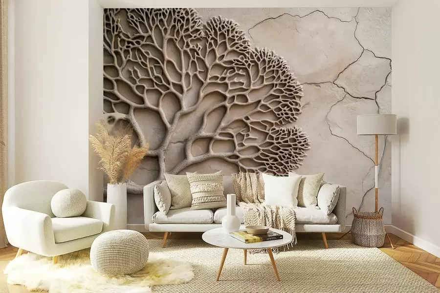 wall murals Wallpaper in relief style with wood and cracks w02908