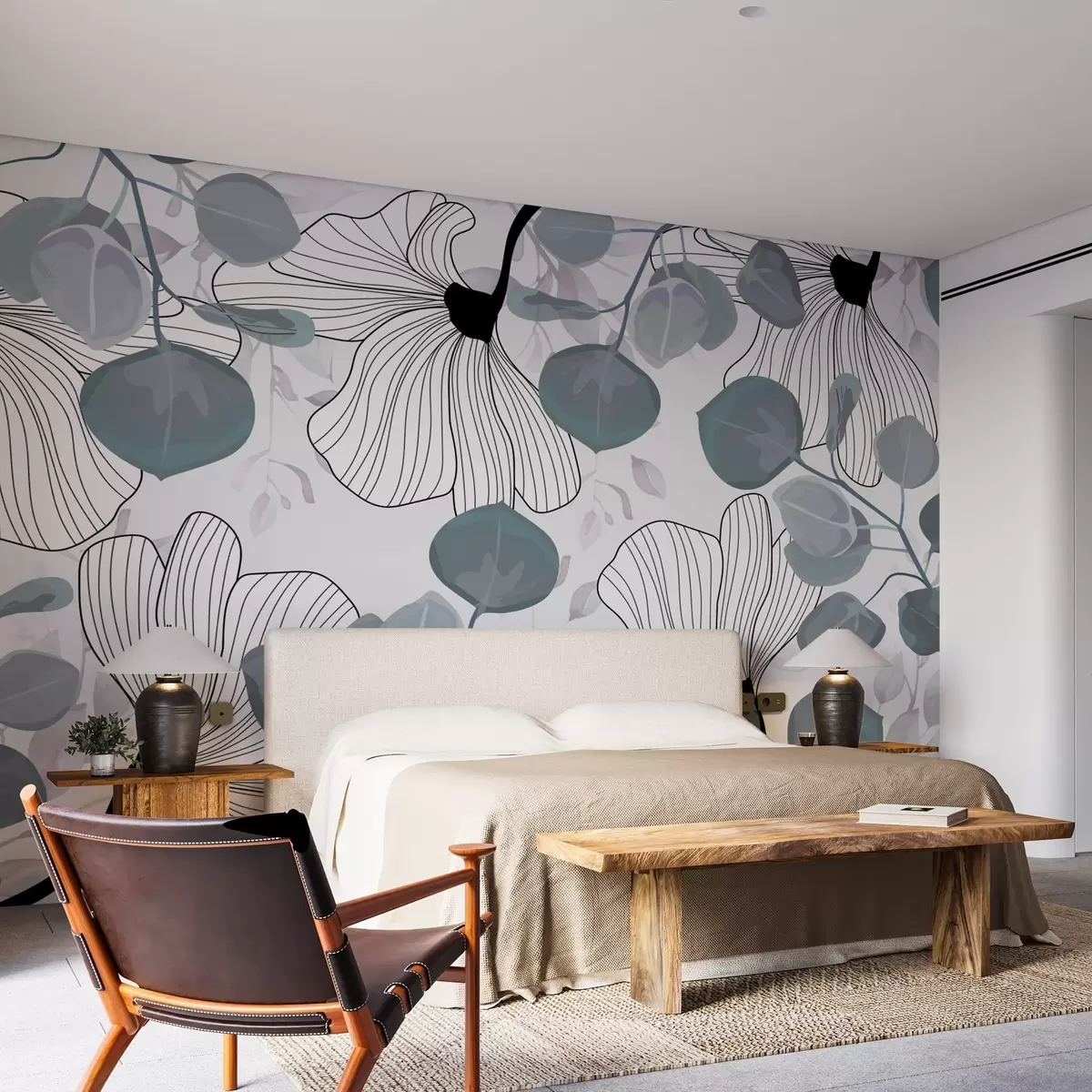 wall murals Arrangement of white flowers and blue leaves w02955v1