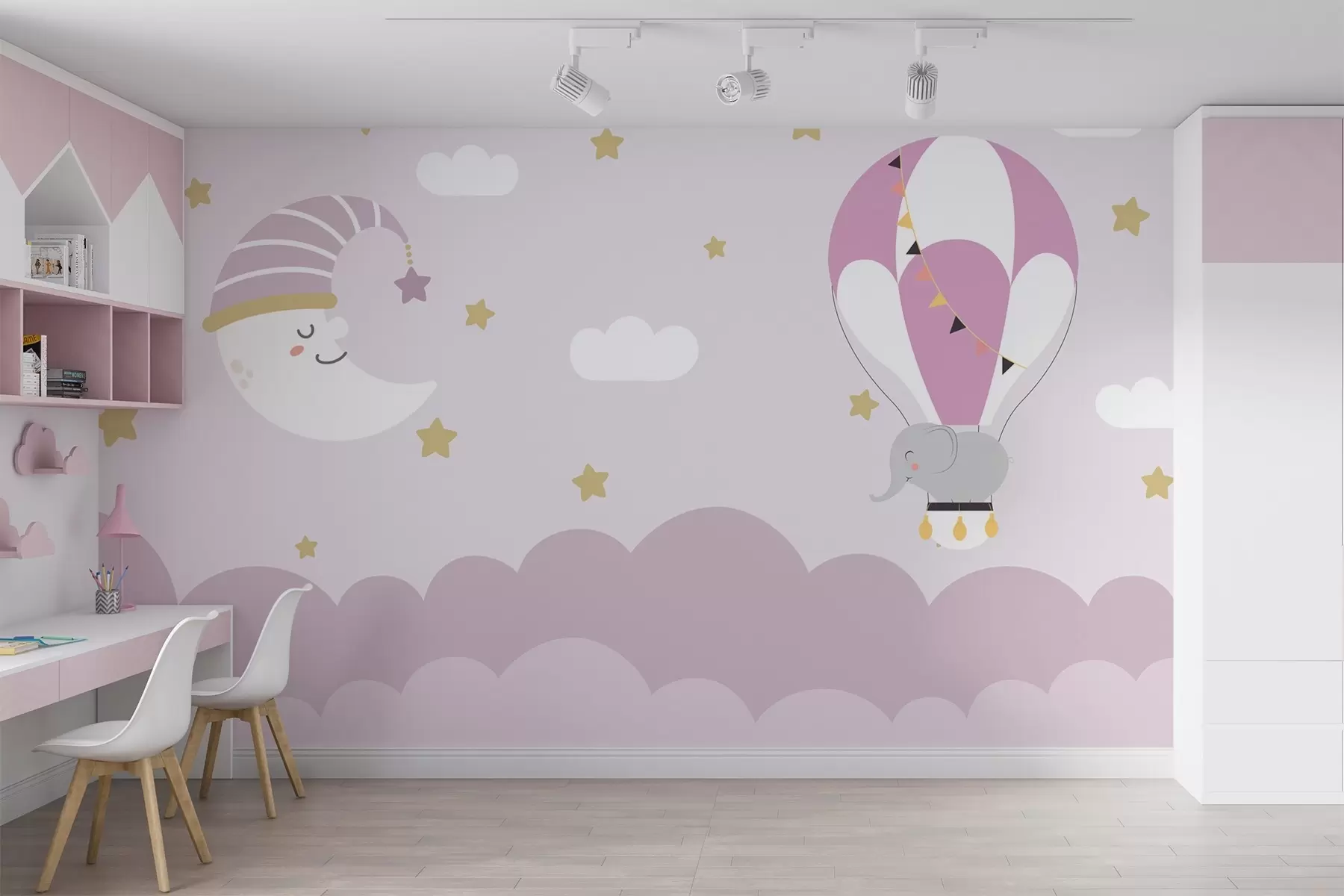 wall murals Elephant on a balloon in pink clouds w02963v1