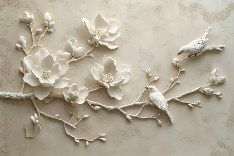 wall murals 3D magnolia branches with birds on them w08690