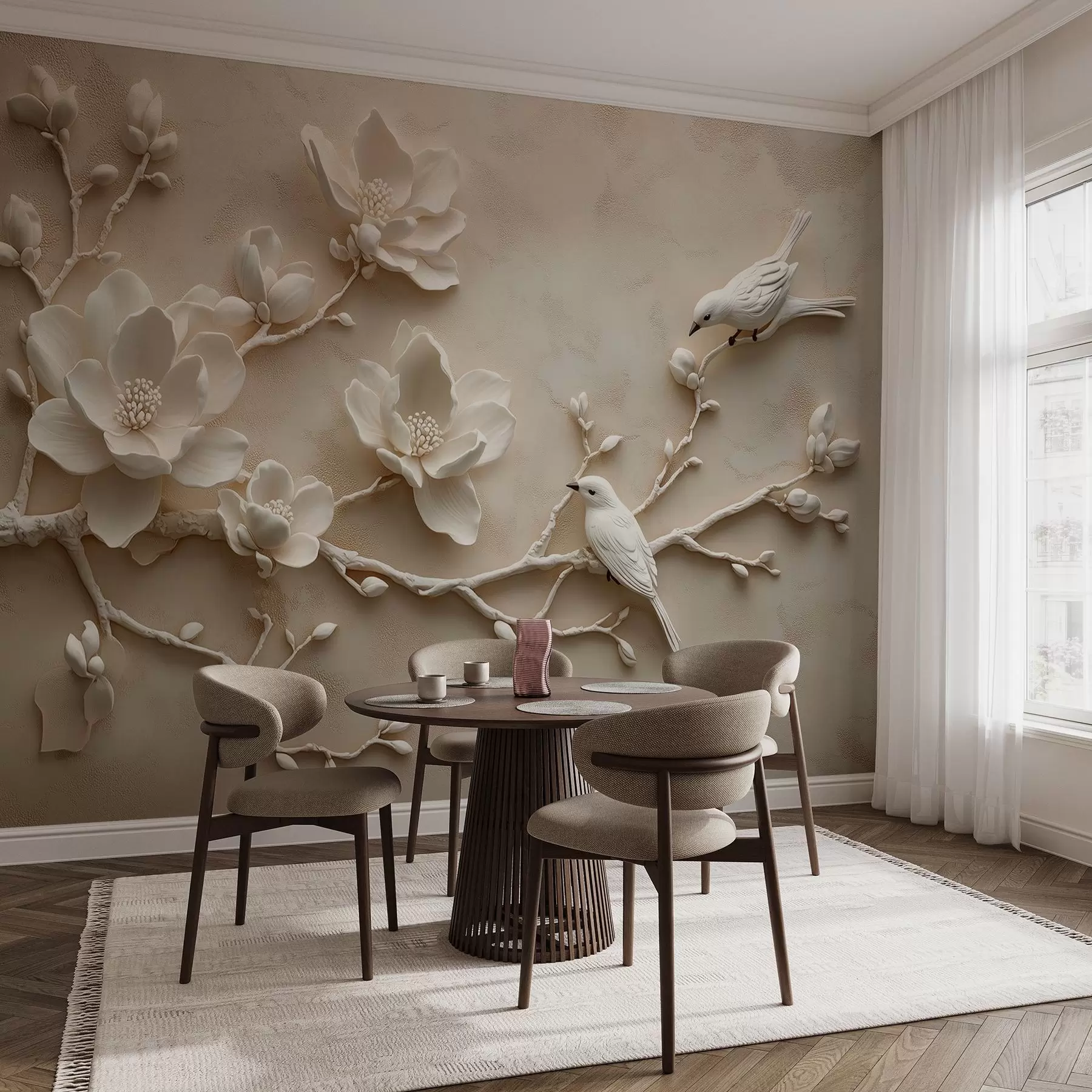 wall murals 3D magnolia branches with birds on them w08690