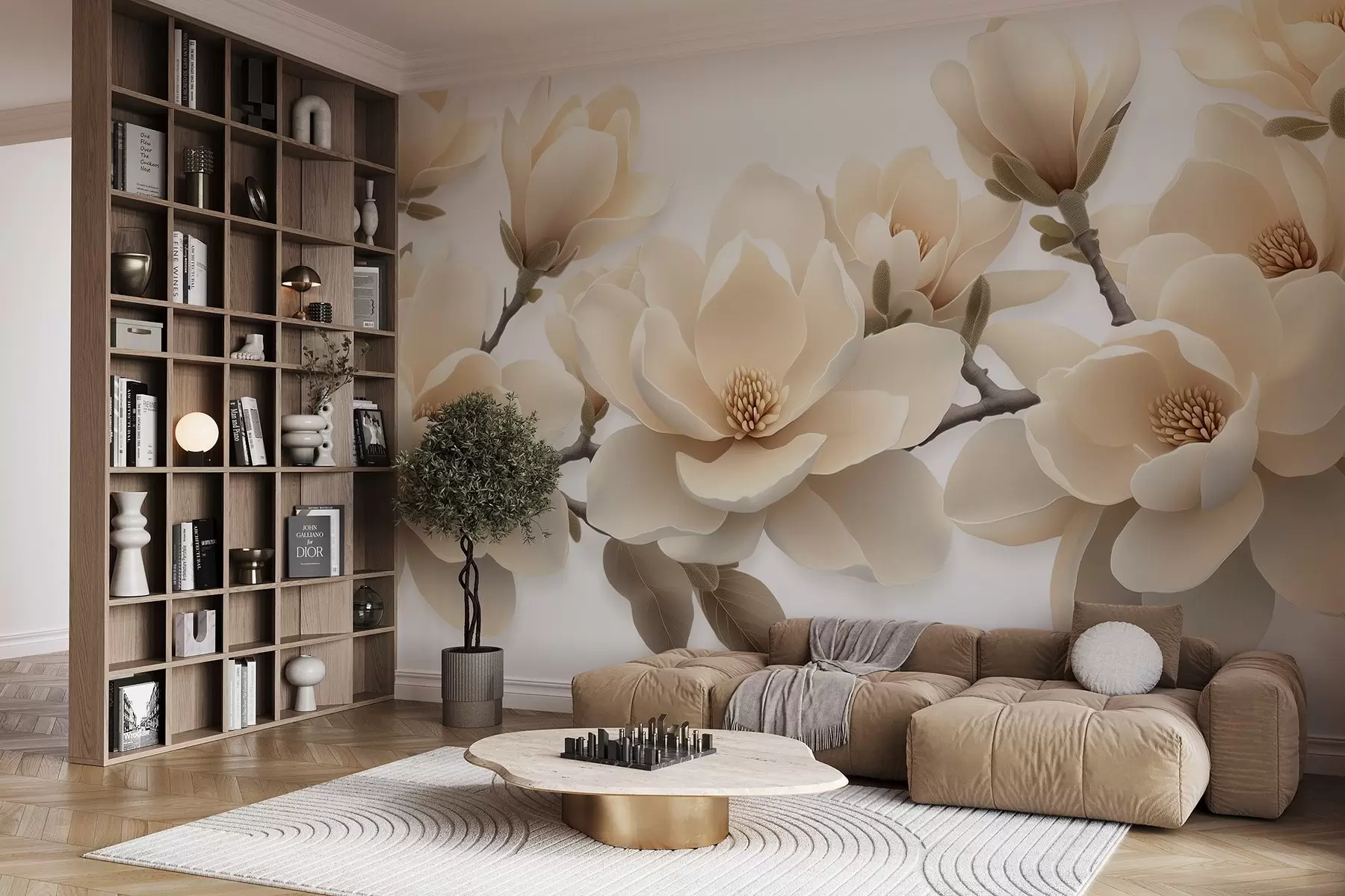 wall murals Beige blooming magnolia flowers in a creamy tone on a white background w08692