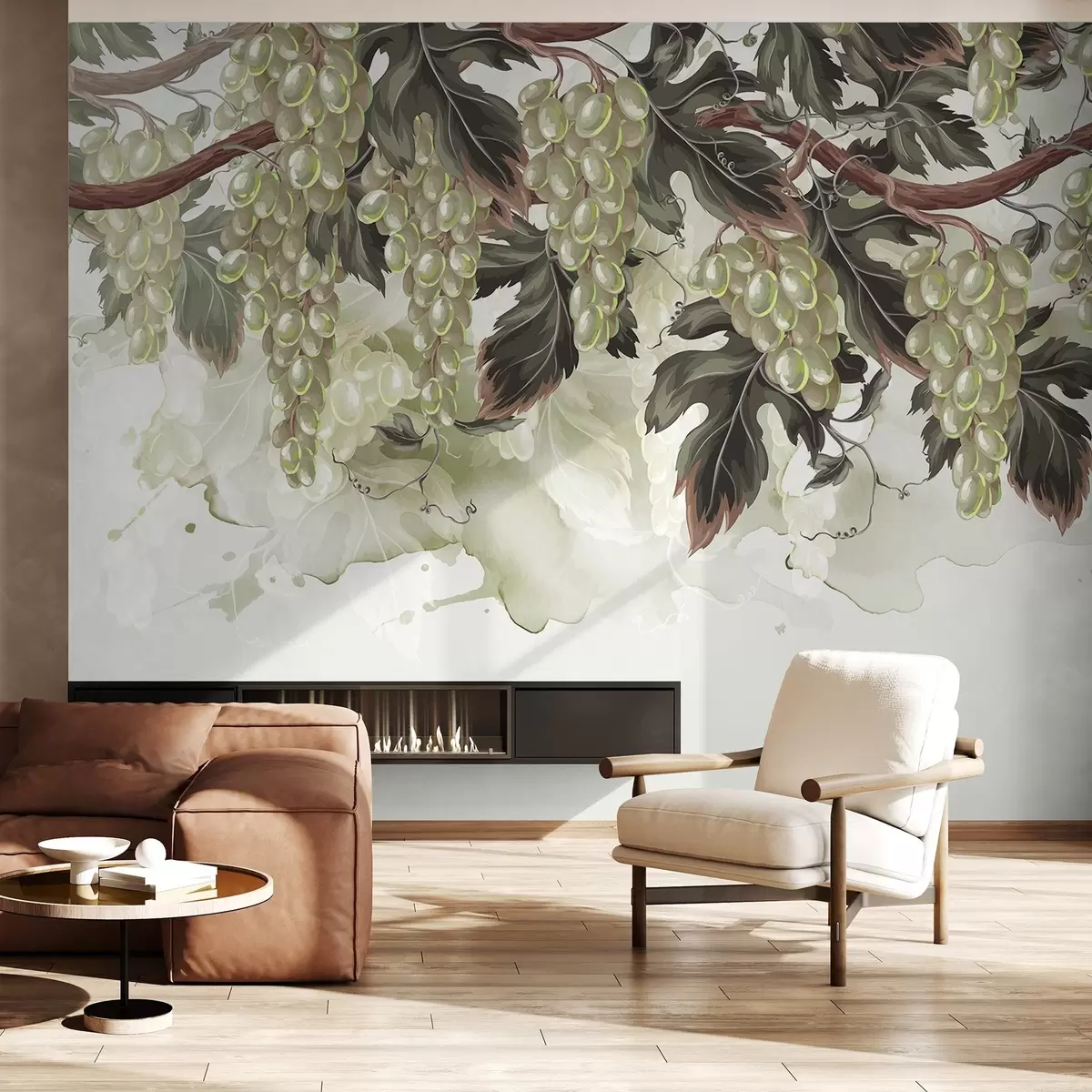 wall murals Grapes hanging from a vine with green leaves, against a light-colored background with watercolor-like textures w08696