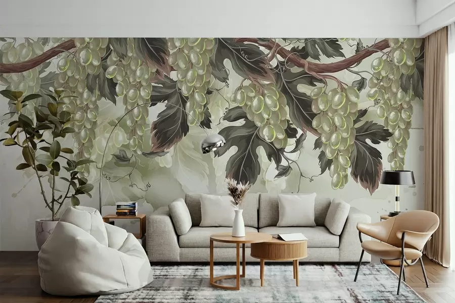 wall murals Grapes hanging from a vine with green leaves, against a light-colored background with watercolor-like textures w08696