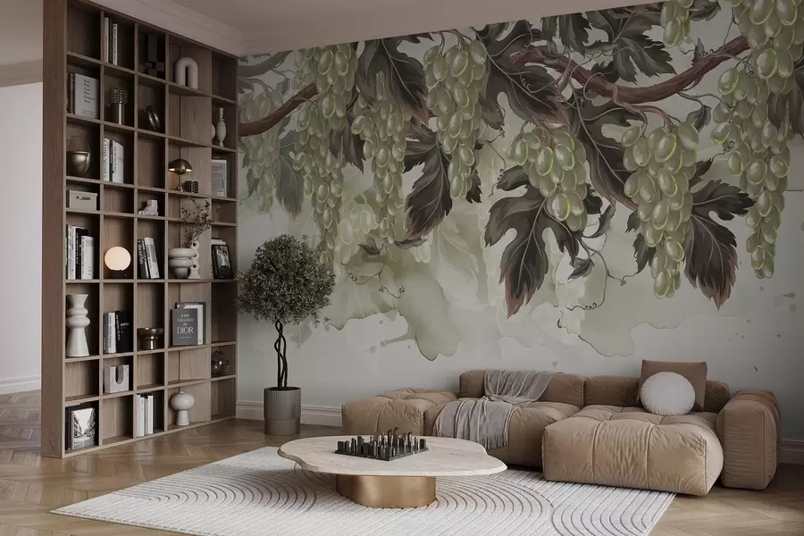 wall murals Grapes hanging from a vine with green leaves, against a light-colored background with watercolor-like textures w08696