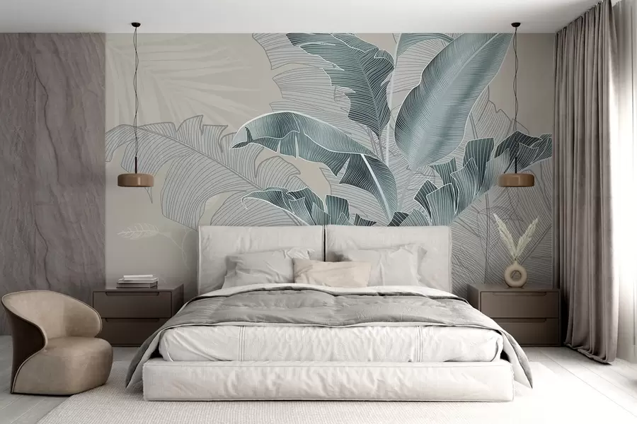 wall murals A harmonious composition of tropical leaves in shades of beige and turquoise, featuring detailed line work w08698v1