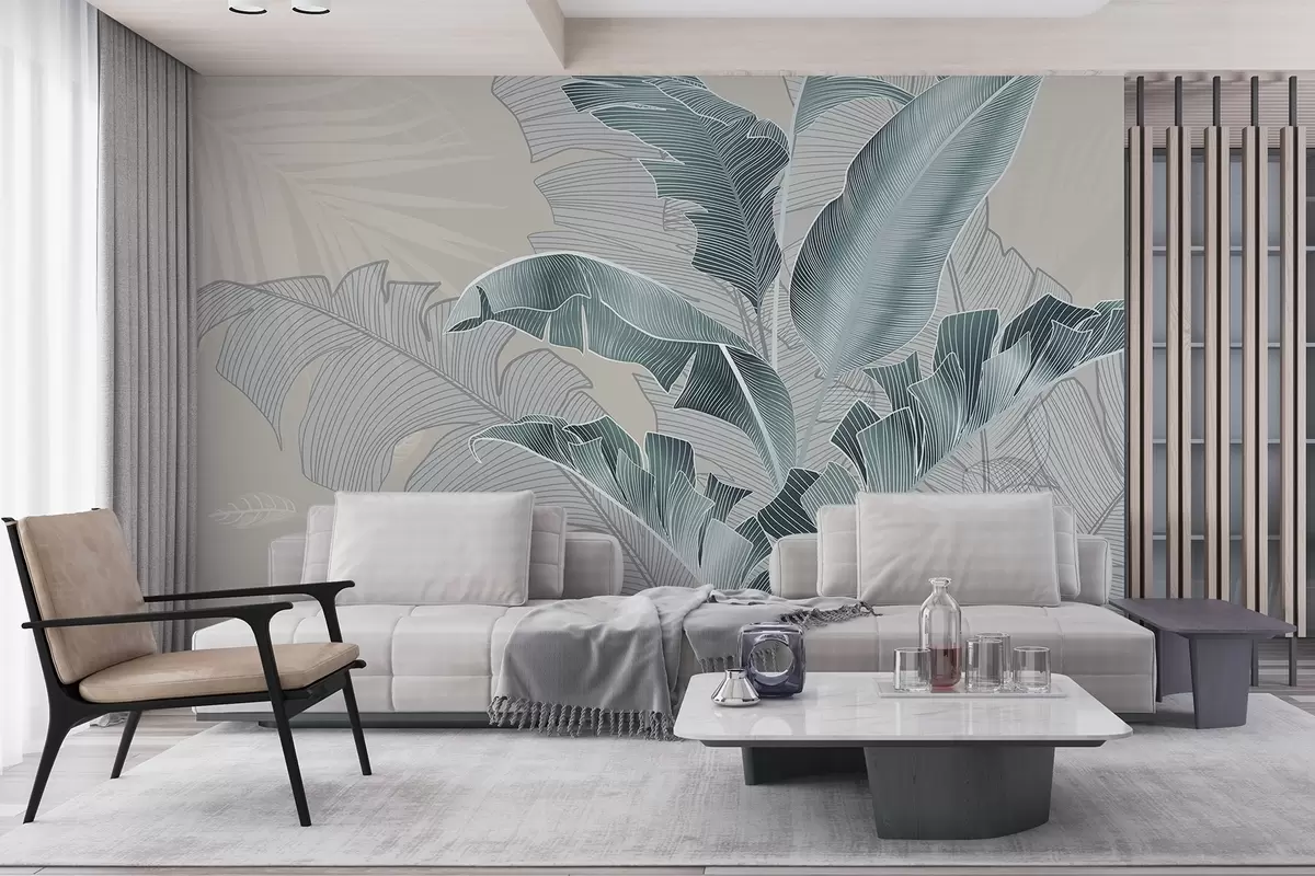 wall murals A harmonious composition of tropical leaves in shades of beige and turquoise, featuring detailed line work w08698v1