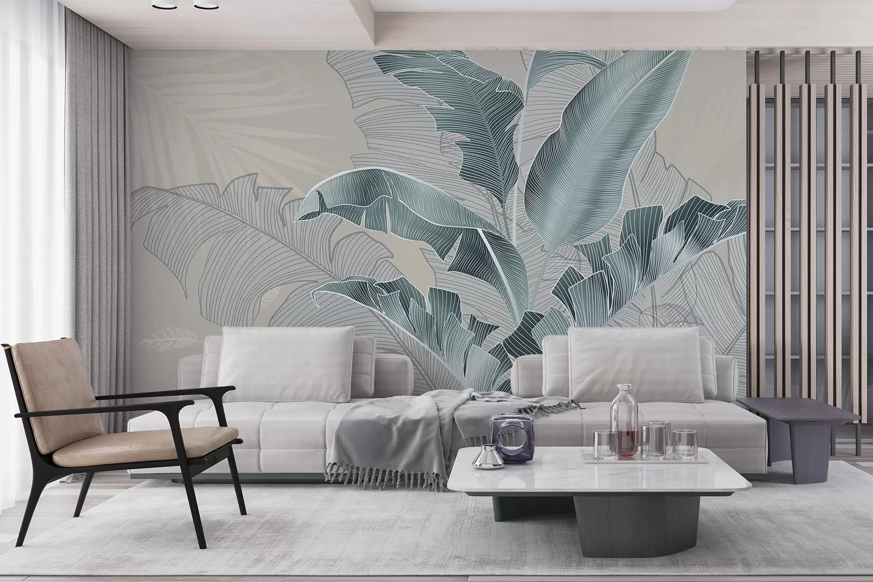 wall murals A harmonious composition of tropical leaves in shades of beige and turquoise, featuring detailed line work w08698v1