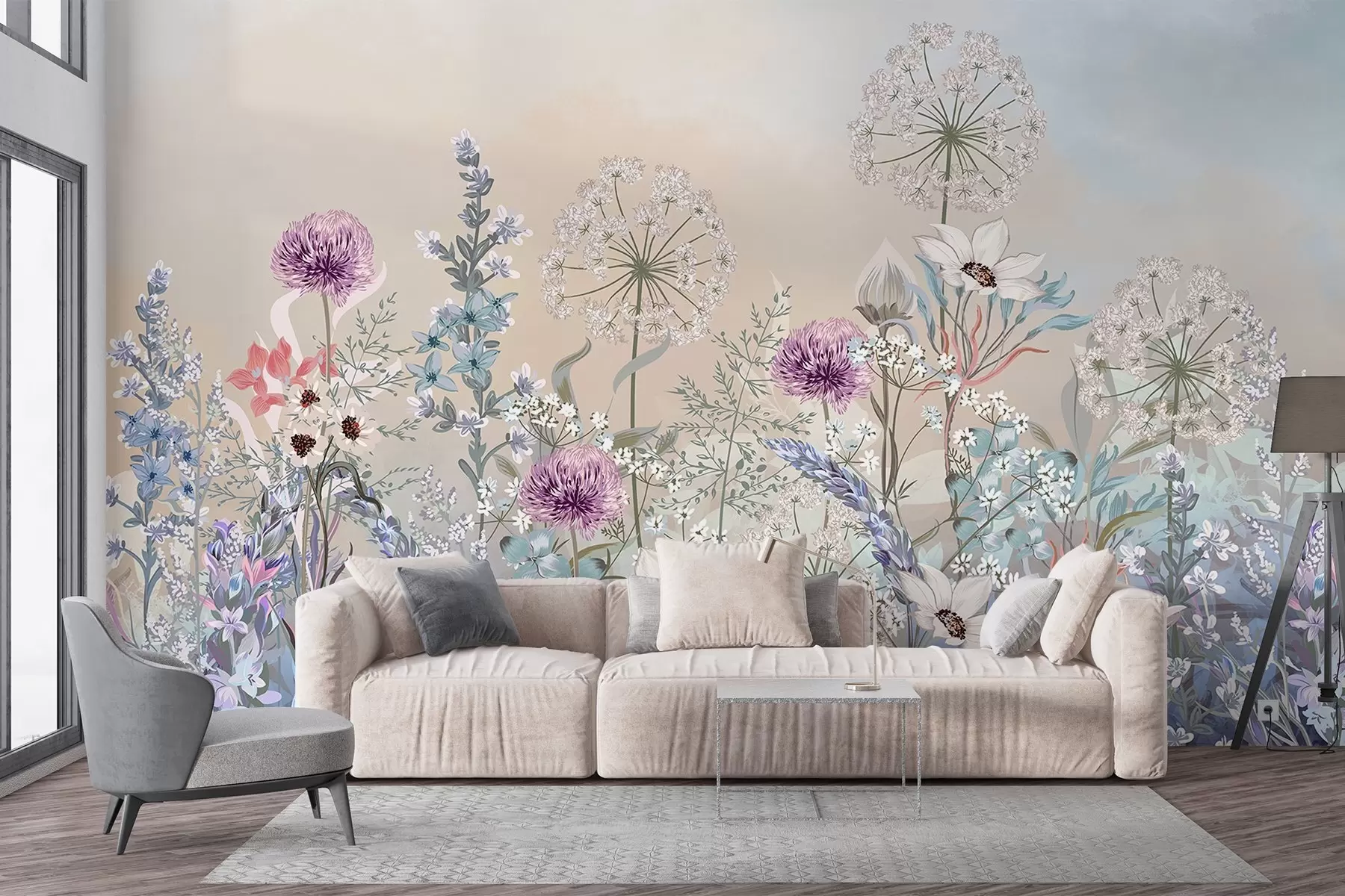 wall murals A vibrant floral garden with various flowers and grass on a soft pastel-colored gradient textured background w08699