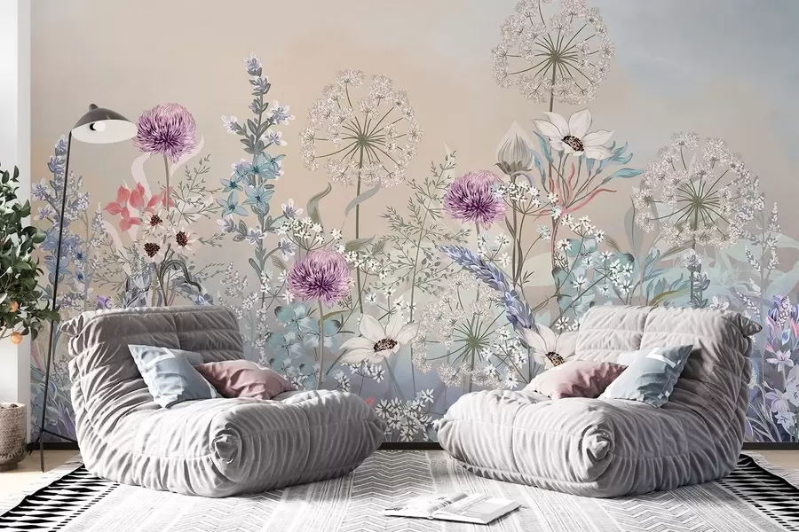 wall murals A vibrant floral garden with various flowers and grass on a soft pastel-colored gradient textured background w08699