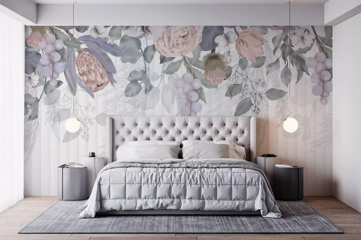 wall murals A floral pastel-colored pink roses, protea flowers, eucalyptus branches and berries on textured background w08700