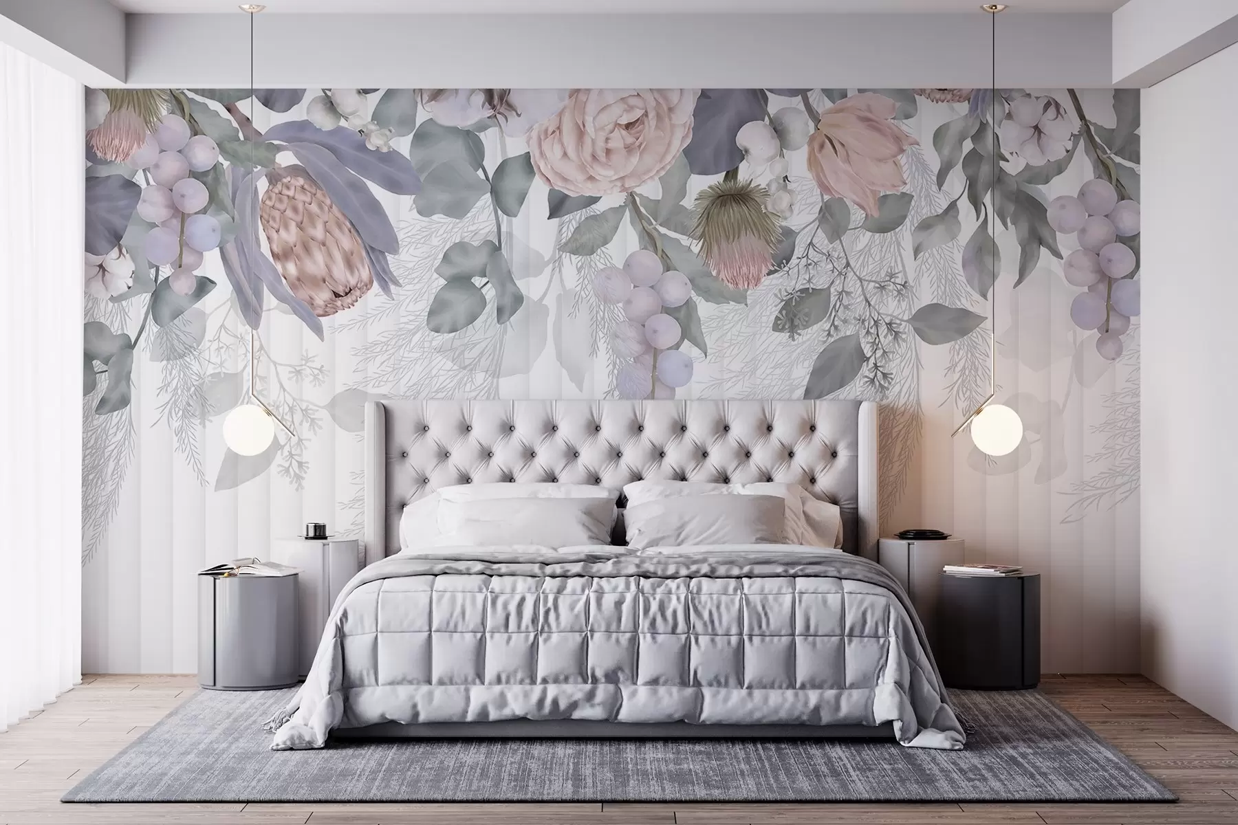 wall murals A floral pastel-colored pink roses, protea flowers, eucalyptus branches and berries on textured background w08700