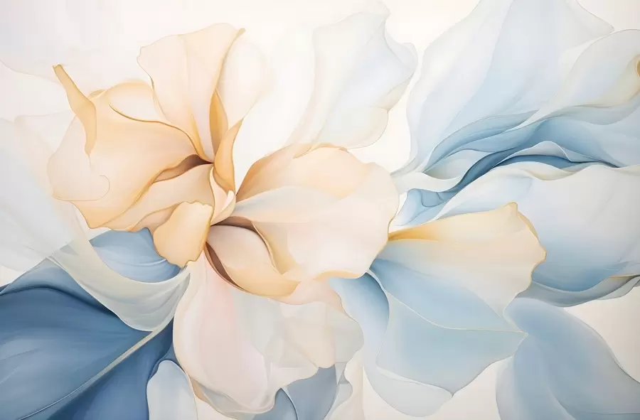 wall murals Flowing abstract floral petals translucent and layered shapes in pastel colors, in peach and blue shades w08701