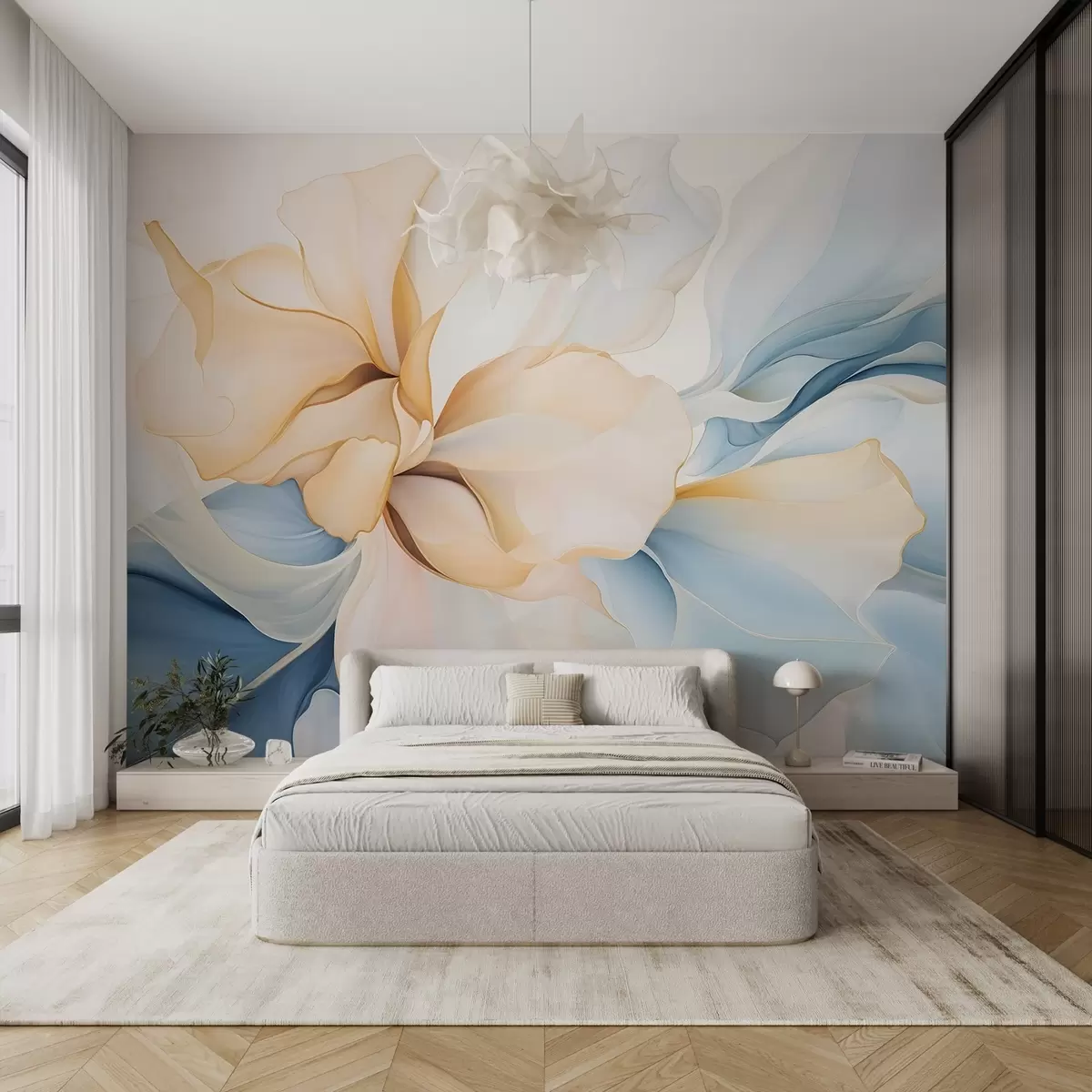 wall murals Flowing abstract floral petals translucent and layered shapes in pastel colors, in peach and blue shades w08701