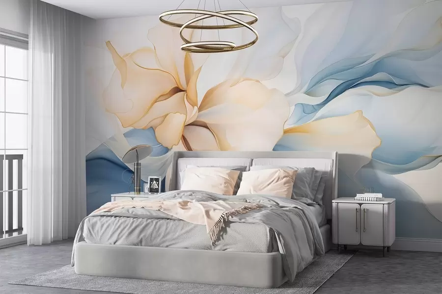 wall murals Flowing abstract floral petals translucent and layered shapes in pastel colors, in peach and blue shades w08701