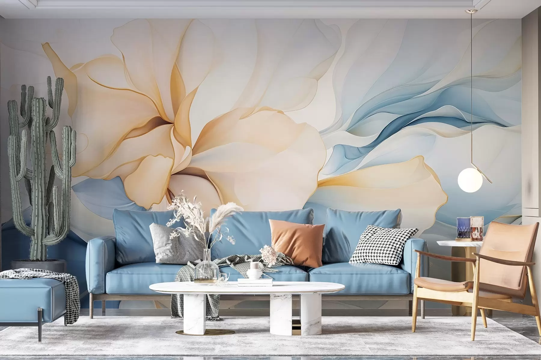 wall murals Flowing abstract floral petals translucent and layered shapes in pastel colors, in peach and blue shades w08701