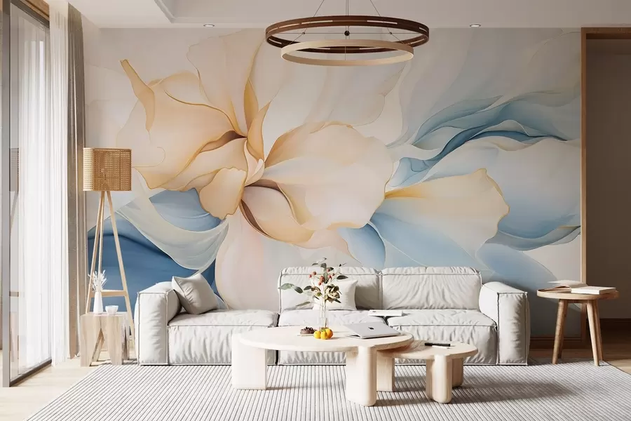 wall murals Flowing abstract floral petals translucent and layered shapes in pastel colors, in peach and blue shades w08701