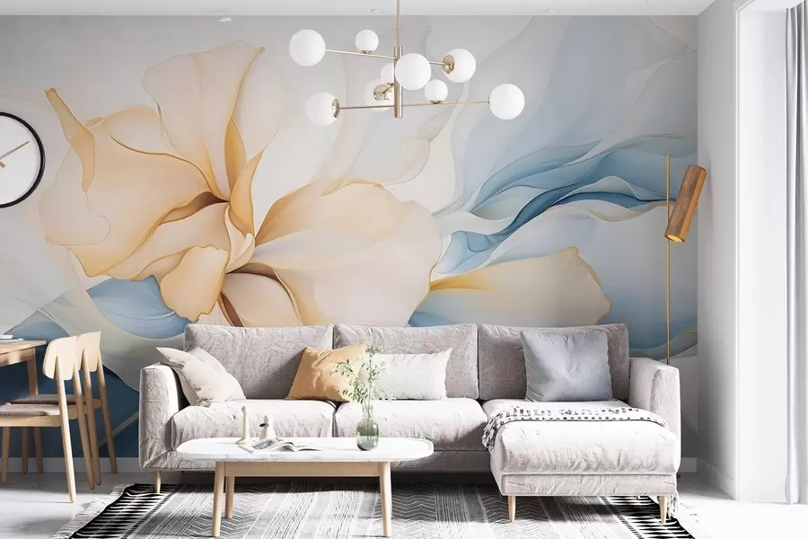wall murals Flowing abstract floral petals translucent and layered shapes in pastel colors, in peach and blue shades w08701