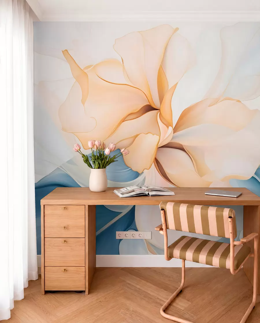 wall murals Flowing abstract floral petals translucent and layered shapes in pastel colors, in peach and blue shades w08701