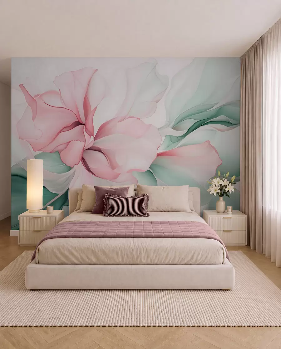 wall murals Flowing abstract floral petals translucent and layered shapes in pastel colors, in pink and green shades w08701v1