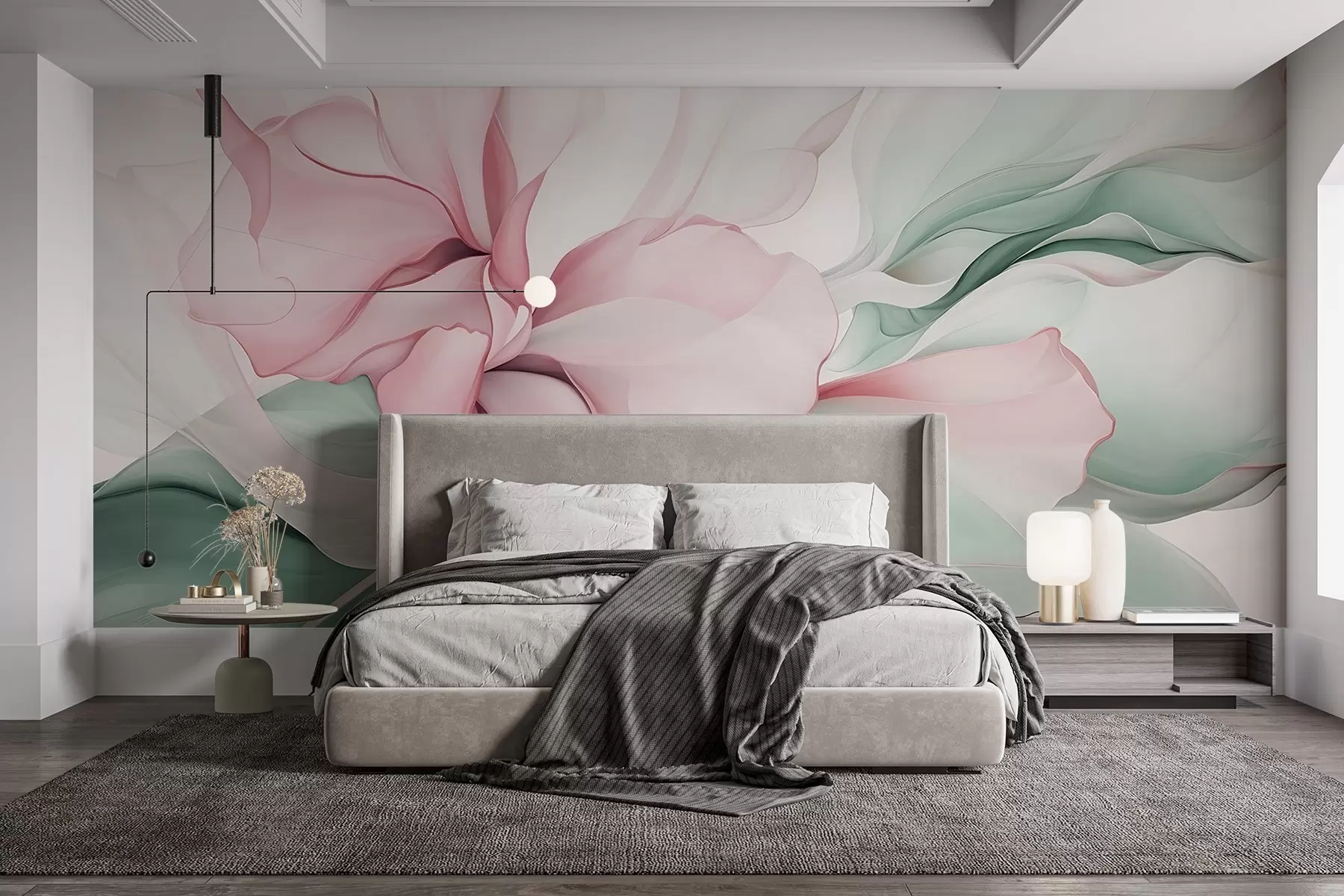wall murals Flowing abstract floral petals translucent and layered shapes in pastel colors, in pink and green shades w08701v1