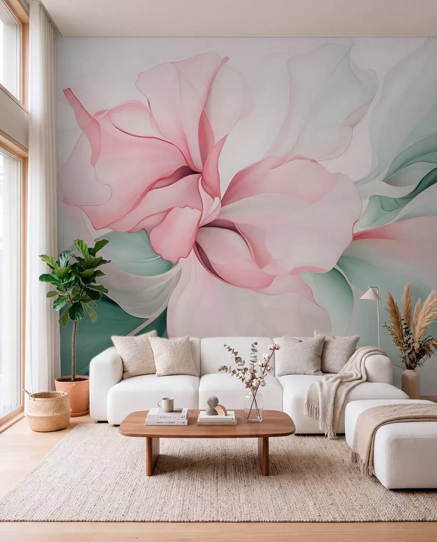 wall murals Flowing abstract floral petals translucent and layered shapes in pastel colors, in pink and green shades w08701v1