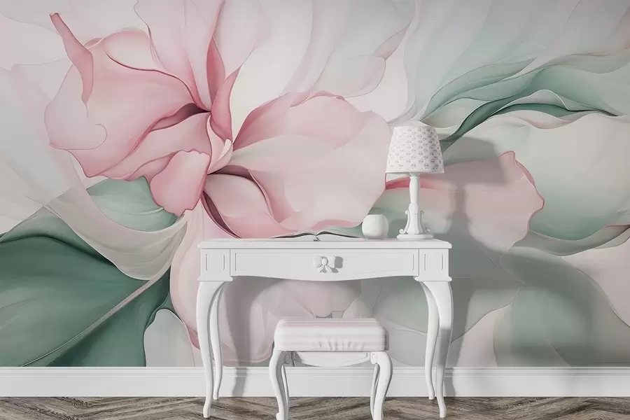 wall murals Flowing abstract floral petals translucent and layered shapes in pastel colors, in pink and green shades w08701v1