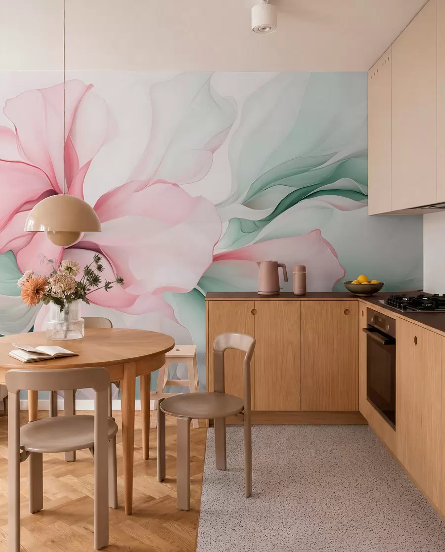 wall murals Flowing abstract floral petals translucent and layered shapes in pastel colors, in pink and green shades w08701v1