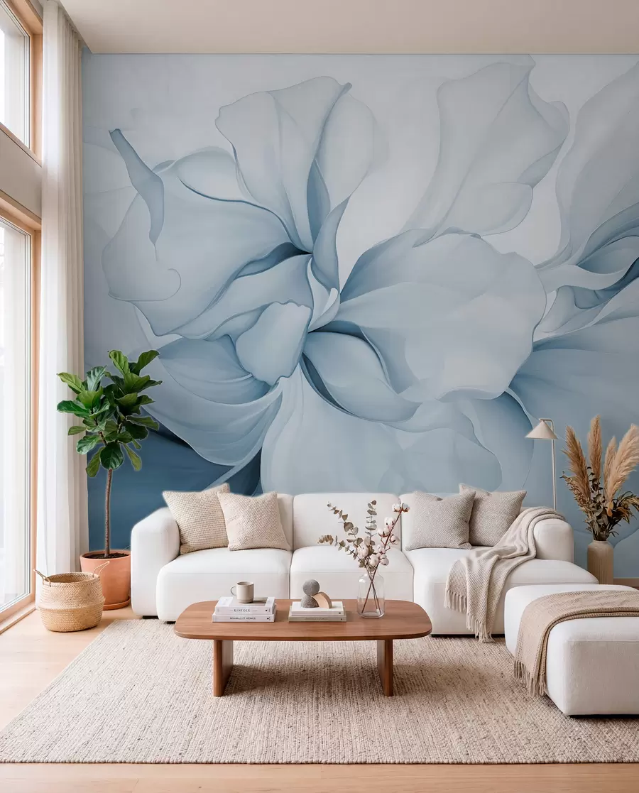 wall murals Flowing abstract floral petals translucent and layered shapes in pastel colors, in blue shades w08701v2
