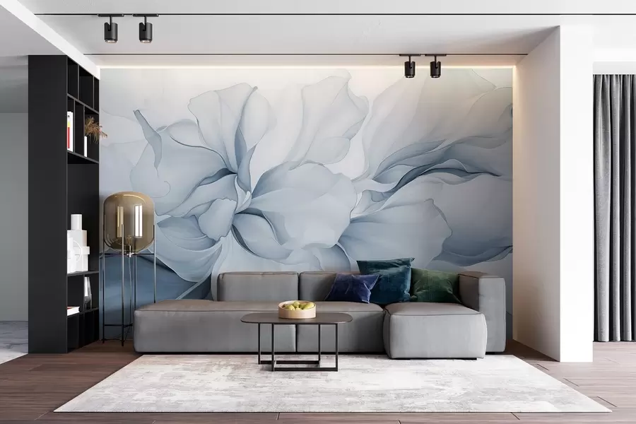 wall murals Flowing abstract floral petals translucent and layered shapes in pastel colors, in blue shades w08701v2