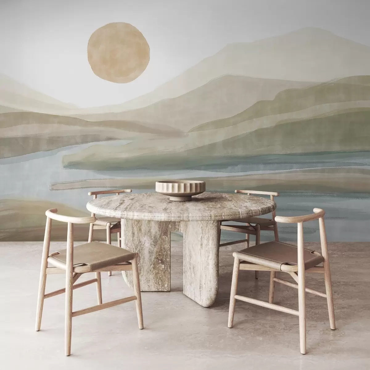 wall murals A landscape of layered mountains with a gentle gradient, a winding river, muted orange sun in the sky w08702