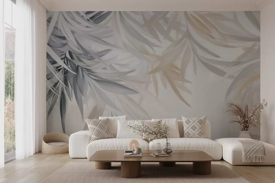 wall murals Soft, flowing light-colored tropical leaves in shades of gray and peach, blending into a pale, neutral print w08703