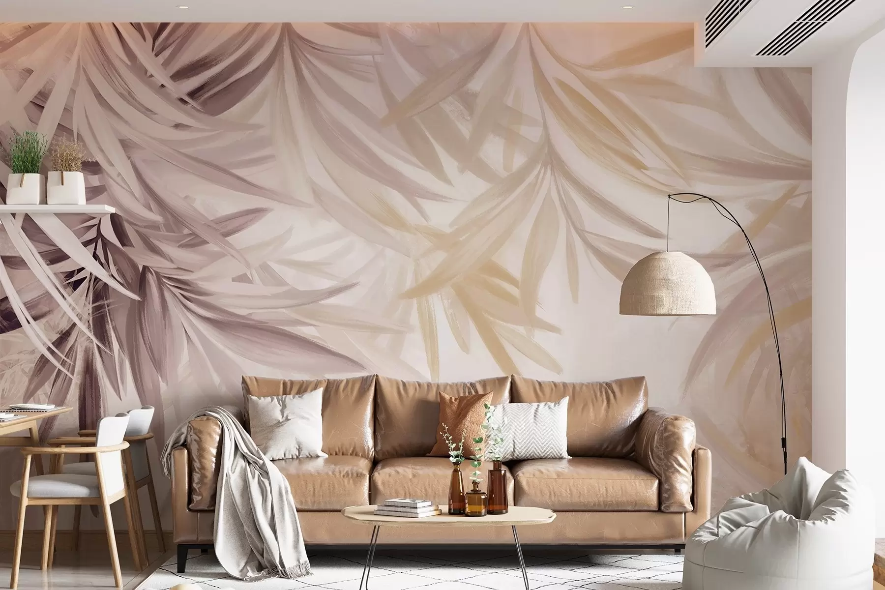 wall murals Soft, flowing light-colored tropical leaves in shades of brown and orange, blending into a pale, neutral print w08703v1