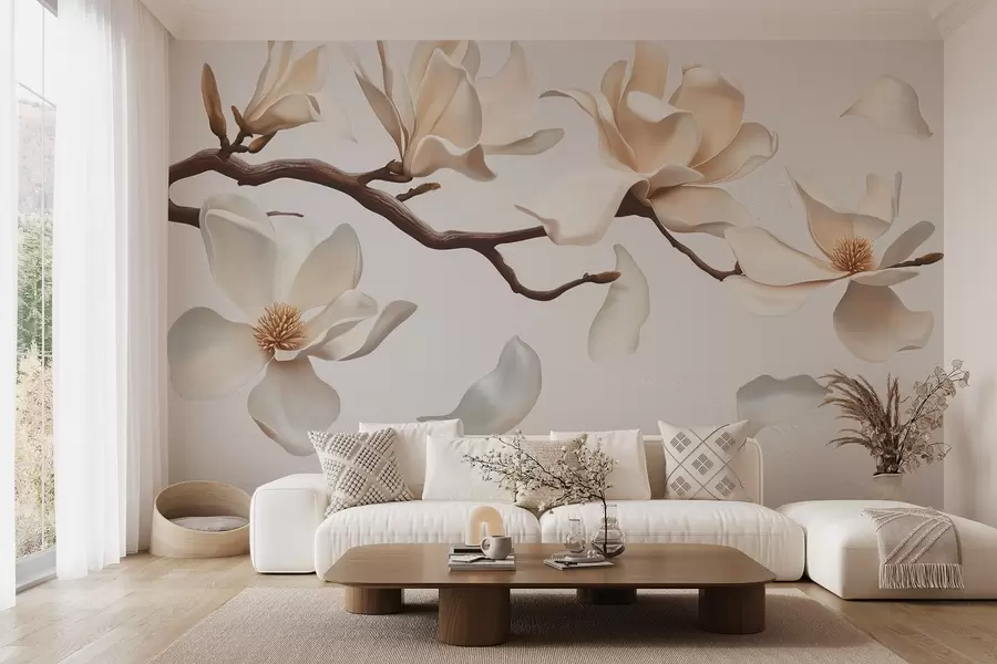 wall murals A tree branch with delicate magnolia blossoms and falling petals w08706