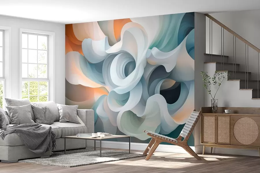 wall murals Contrasting abstraction with a twisted pattern in shades of orange, green, and blue w08710
