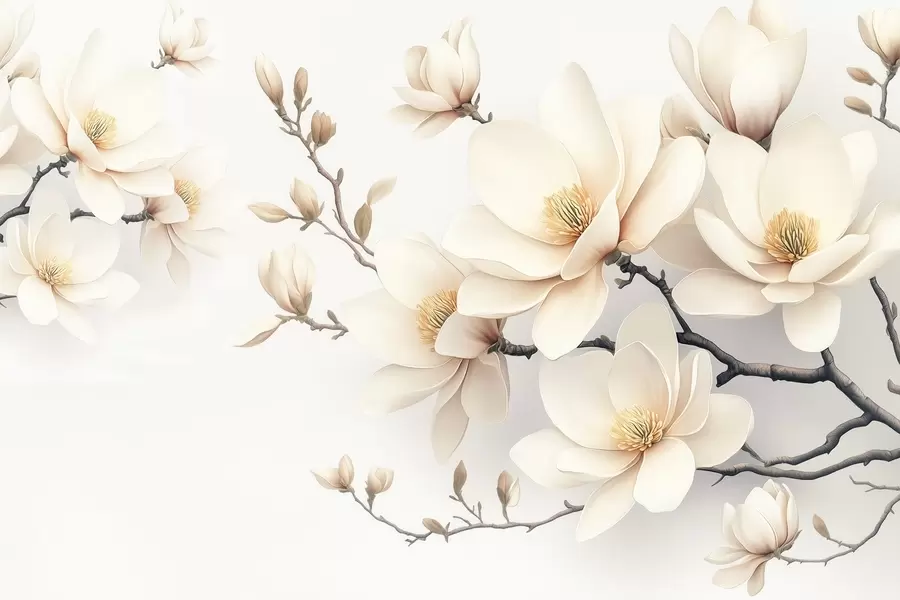 wall murals Beautiful blooming cream-colored magnolia flowers on a white background w08721