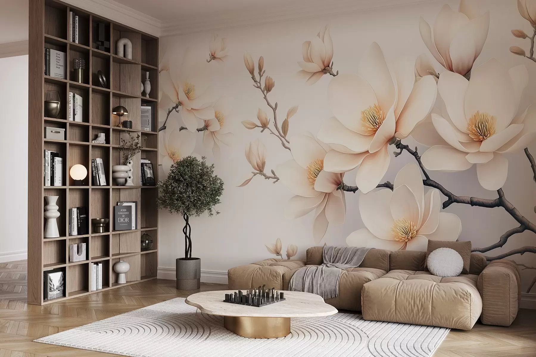 wall murals Beautiful blooming cream-colored magnolia flowers on a white background w08721