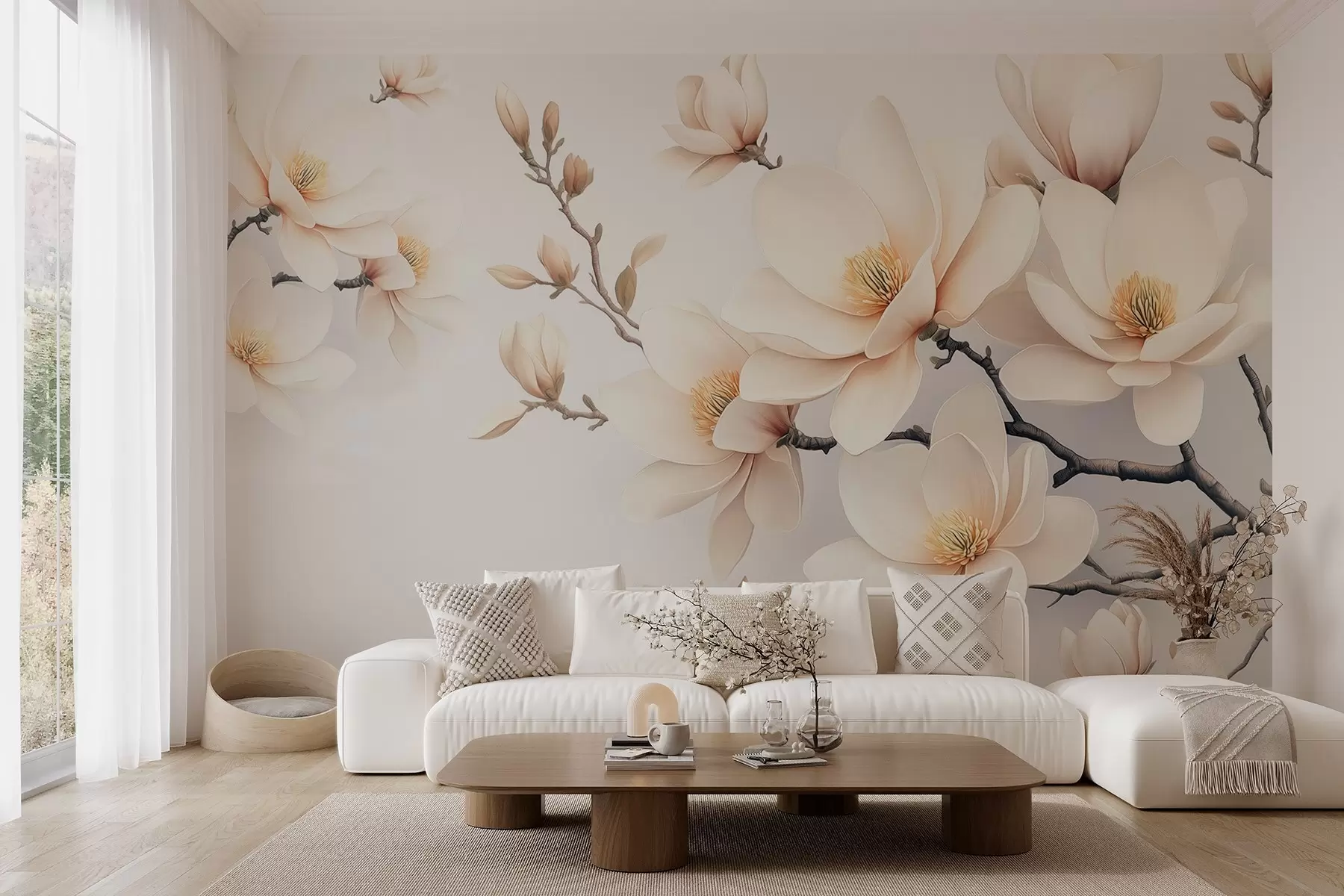 wall murals Beautiful blooming cream-colored magnolia flowers on a white background w08721