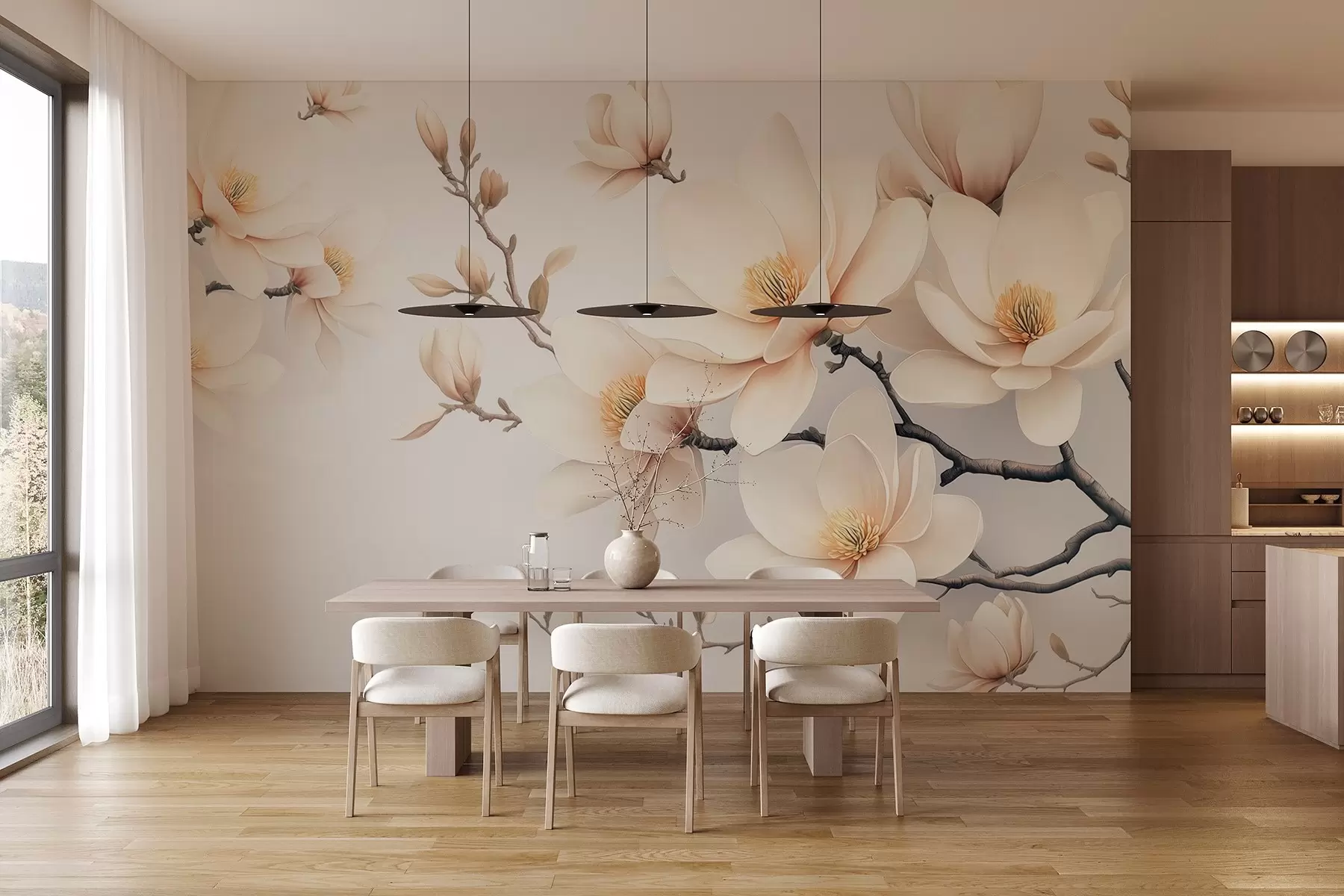 wall murals Beautiful blooming cream-colored magnolia flowers on a white background w08721