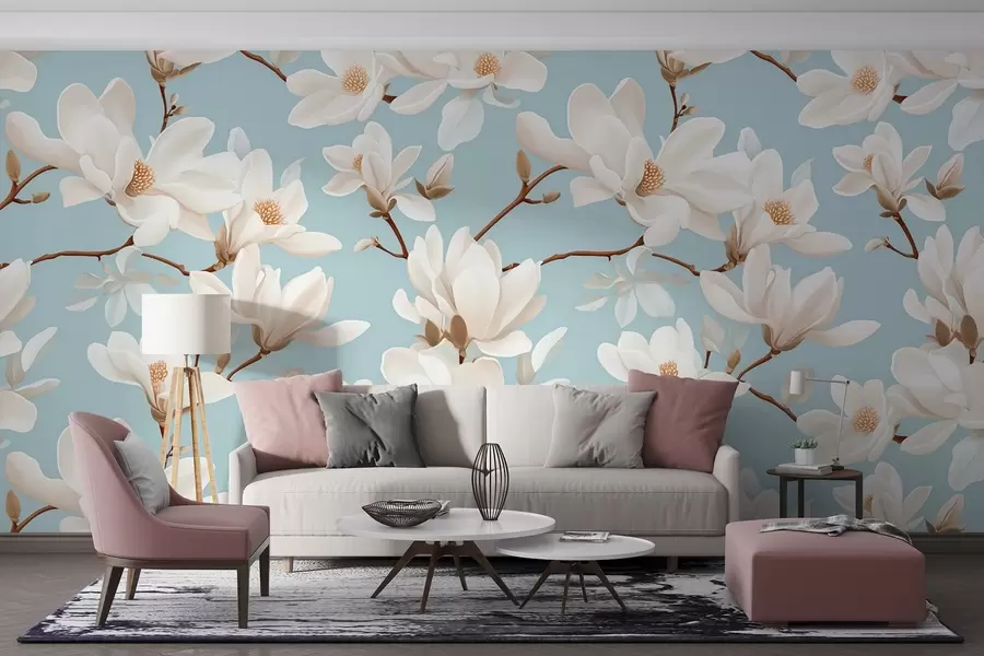 wall murals Pattern of white magnolia flowers, pastel blue background, white leaves and branches w08726