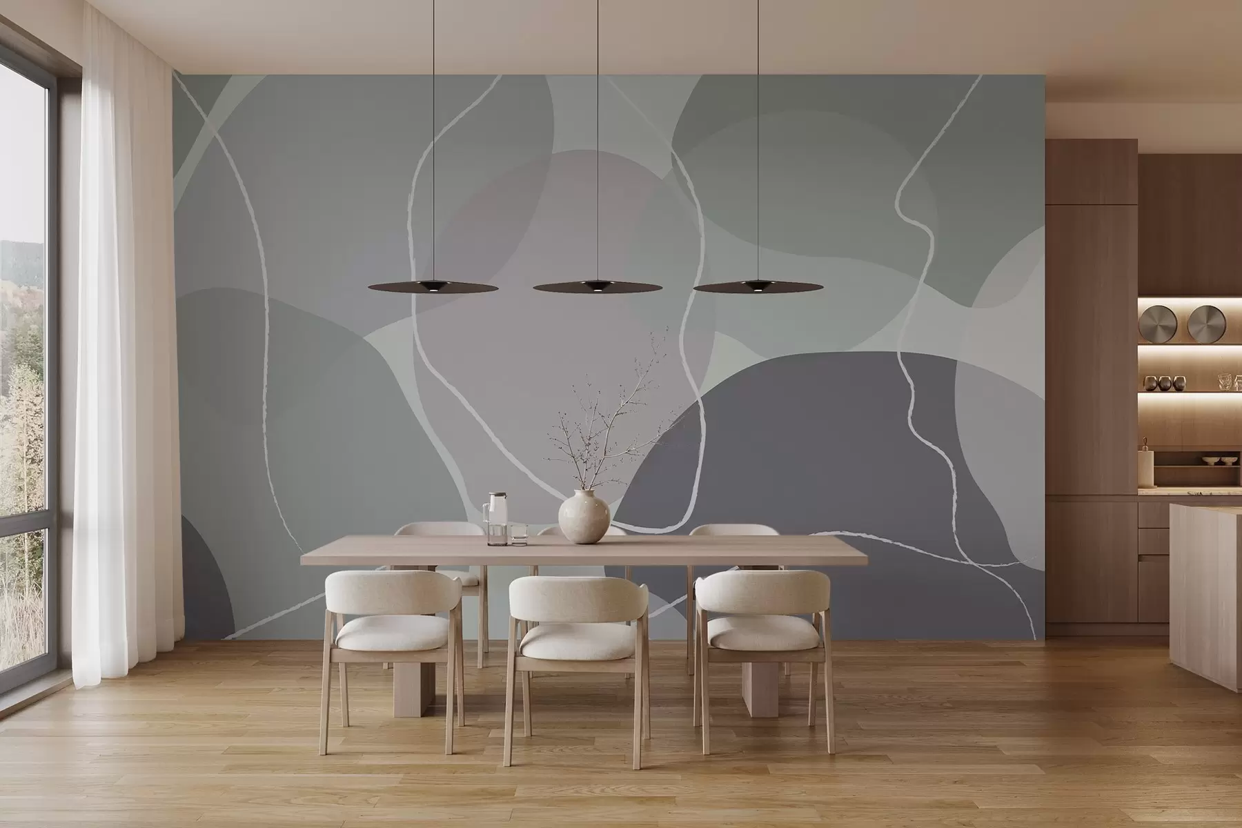 wall murals Abstract pattern with smooth organic shapes in gray-green and lavender tones, accented by delicate white lines w03039v1