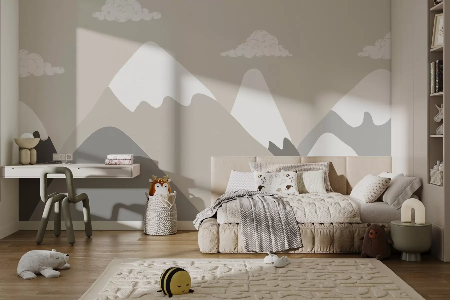 wall murals Minimalist mountain landscape with snow-capped peaks in calm gray-beige tones, complemented by soft white clouds w03040v1
