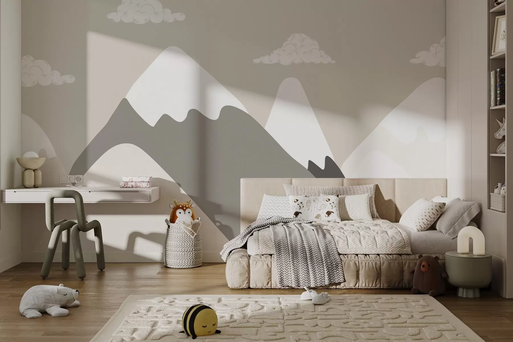wall murals Minimalist mountain landscape with smooth silhouettes of snow-capped peaks in light beige and gray tones, with soft white clouds in the background w03040v2