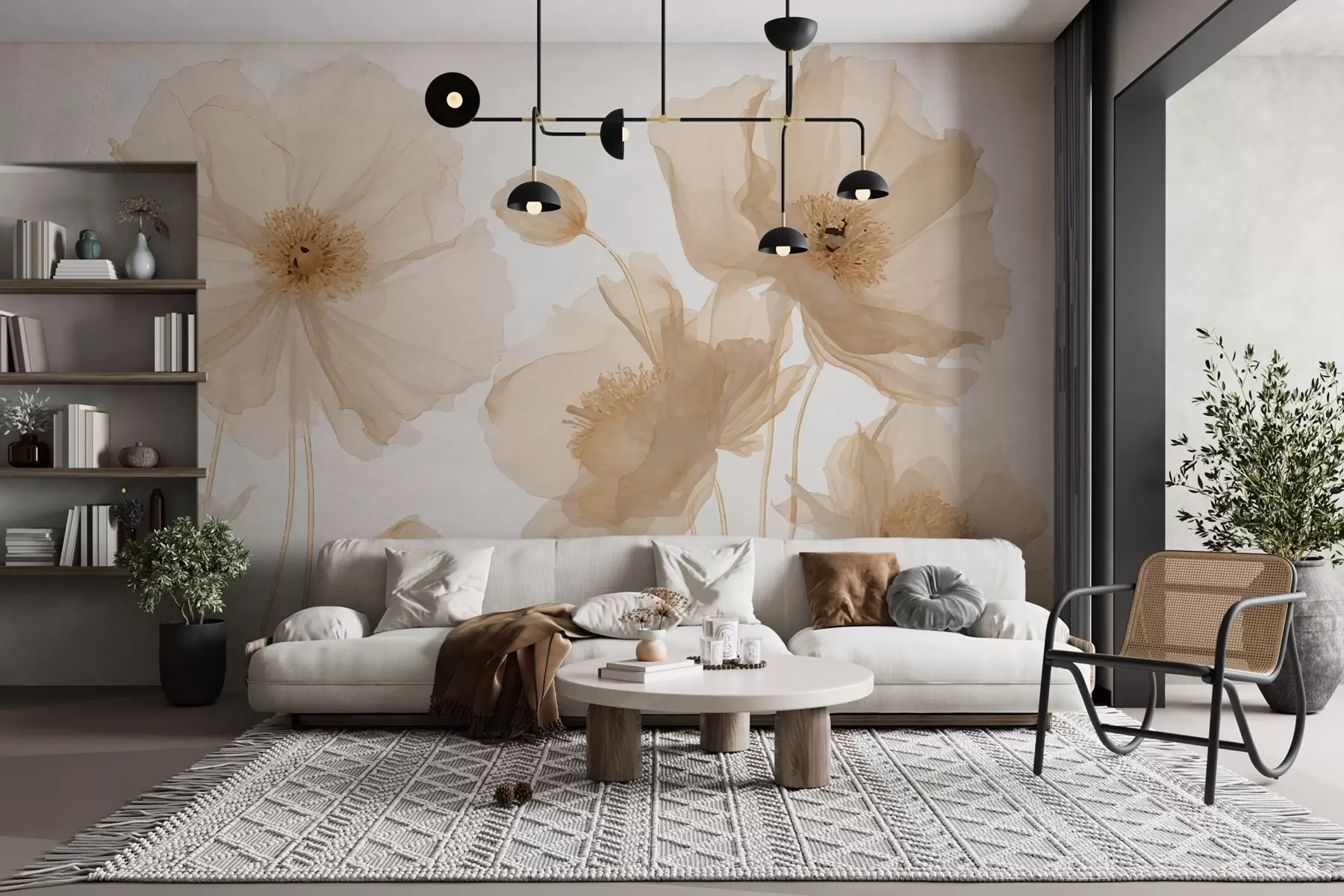 wall murals Translucent flowers in soft beige-peach tones on a light background, creating a sense of lightness and elegance w03042
