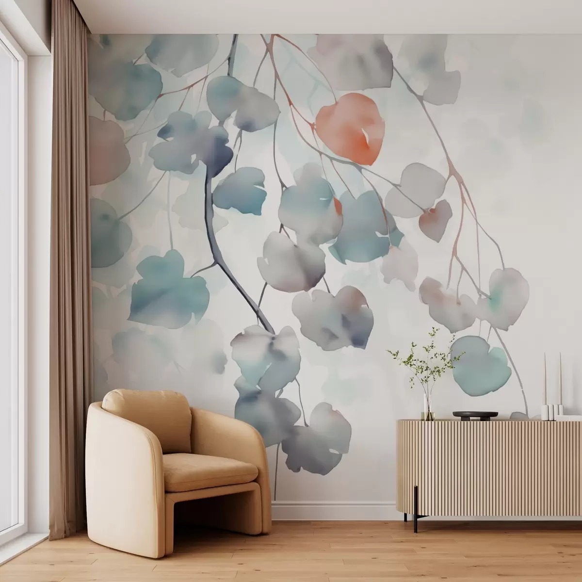 wall murals Branch with leaves imitation of blurred watercolor w03030