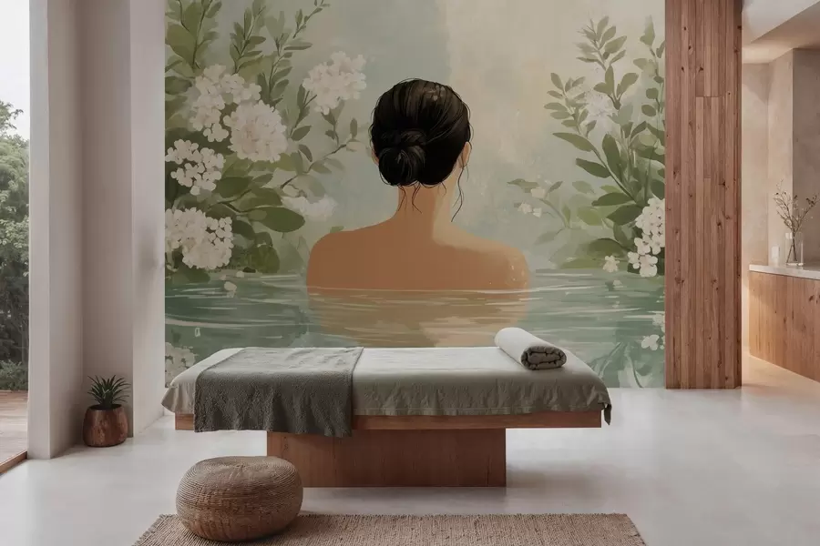 wall murals a serene and dreamy botanical illustration of a woman bathing in a calm, reflective body of water, surrounded by lush greenery and delicate white flowers. w03014